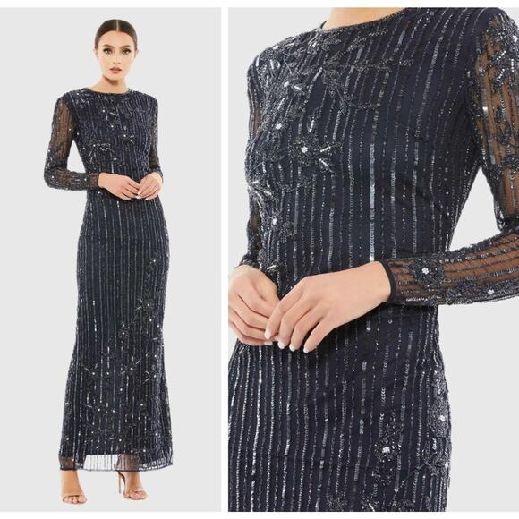 Mac Duggal Dresses & Skirts - Mac Duggal 93626 Blue Size 12 Embellished Gown High Neck Illusion Long SleeveNWT